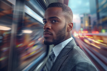 Poster - Black African man on public transport, city subway. Transportation concept. Background with selective focus