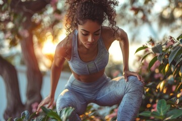 Poster - A young woman in a workout class. Background with selective focus and copy space