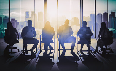 Wall Mural - double exposure image of many business people conference group meeting on city office building in ba