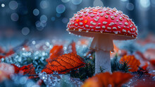 Amanita Muscaria Fly Mushroom Fly Agaric Mushroom In The Forest, Red And White Mushroom In Forest At Autumn