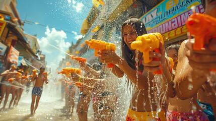 woman playing Songkran in Pattaya Thailand, or tourists with big water guns spraying water in Pattaya Thailand