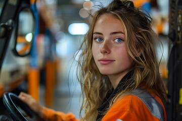 Leinwandbilder - Generative AI : female worker driving a forklift and looking to something in warehouse storage