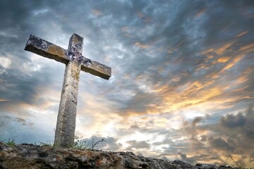 Wall Mural - Symbolic image of the holy cross with dramatic sky background Depicting faith and hope