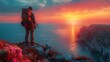 Generative AI : Back view of young traveler man with backpack standing on a rock by the sea at beautiful sunset.