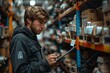 Generative AI : factory worker holding a clipboard and looking at shelf in warehouse storage