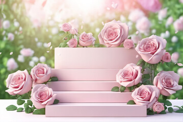 Wall Mural - Romantic display podium surrounded by pink roses