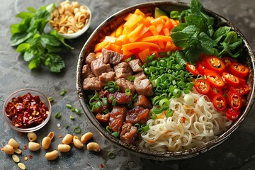 Wall Mural - Generative AI : Noodles with meat and vegetables isolated on white background, top view