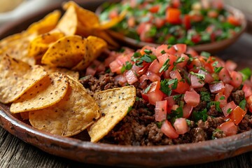 Generative AI : plate with taco, tortilla chips and tomato dip on white background