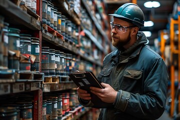 Poster - Generative AI : factory worker holding a clipboard and looking at shelf in warehouse storage