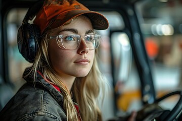 Wall Mural - Generative AI : female worker driving a forklift and looking to something in warehouse storage