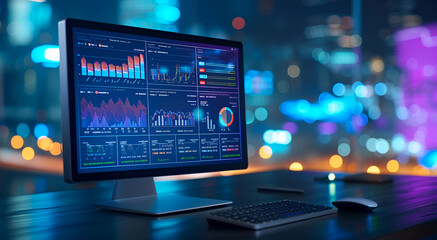 Wall Mural - Smart computer screen showing business data analysis, CRM, digital data hour chart KPI performance database