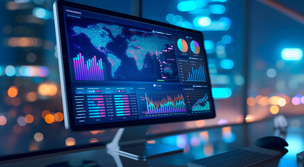 Wall Mural - Smart computer screen showing business data analysis, CRM, digital data hour chart KPI performance database