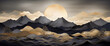 dream background with full moon over mountains, japanese drawing, glowing light in sky, clouds, golden lines waves, yellow black grey soft, imaginary magic dreamlike fantasy, fairy tale landscape