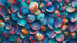 colorful shellfish background iridescent pattern wallpaper blue orange turquoise purple vivid bold texture nature shell mollusk sea ocean neon glossy design illustration holographic foil light 