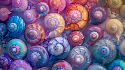 Wall Mural - snail shells background iridescent colorful pattern wallpaper blue purple orange pink turquoise vivid texture marine nature sea animals soft design illustration holographic foil light