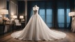 Beautiful white wedding dress with spotlight in middle of a luxurious bridal shop setting from Generative AI