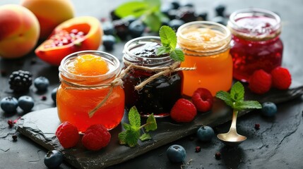 Assortment of summer seasonal berry and fruits jams in small jars, homemade preserving concept, marmalades or confitures with fresh berries on white background copy space