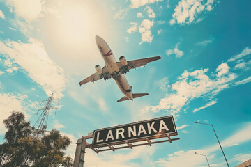 Wall Mural - Plane landing in Larnaka with 