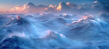 A Beautiful Seascape With Waves And Clouds. Illustration Art Wallpaper, Banner Texture