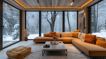 A large living room with orange couches and a wooden design. The room has a wall of windows looking out into a snowy forest.