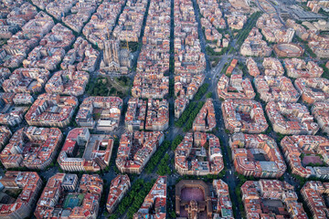 Wall Mural - Aerial wide angle view of Barcelona Eixample residencial district with typical urban grid, Spain