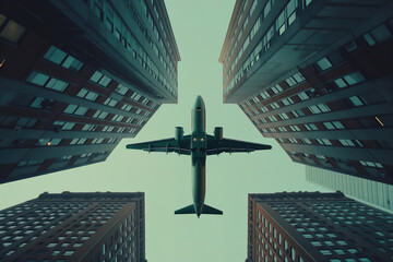 Top down view on airplane flying above skyscrapers in a big city