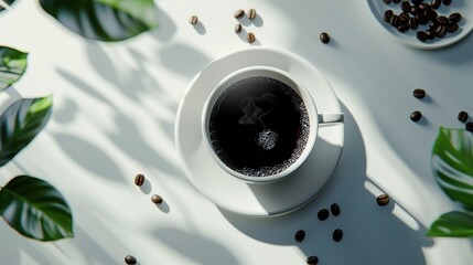 Hot black coffee and coffee beans on a white table with soft focus. Top view. With space for your text