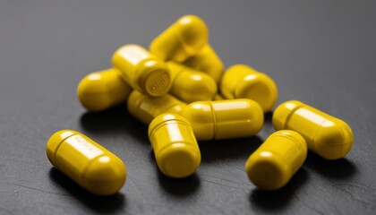 Canvas Print -  A collection of yellow capsules on a dark surface