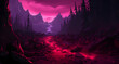 the pink glow of dusk shines through the dark forest
