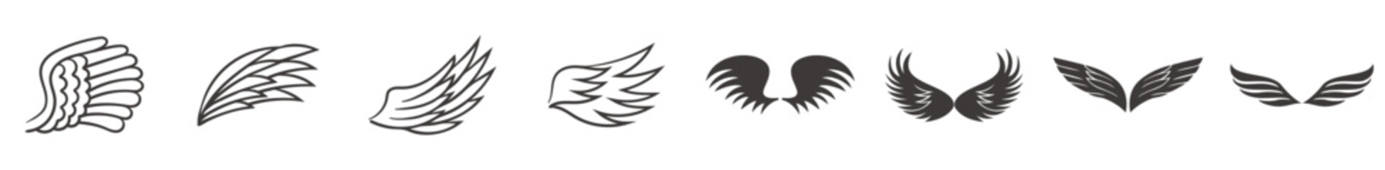 Set of black wings icons with sketch of hand drawn wings vector illustration