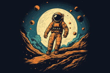 Vector illustration of astronaut helmet in outer space isolated on black.