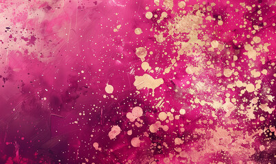 Sticker - Magenta pink paint with gold texture on canvas, brush strokes painting wallpaper, close up macro view, copy space
