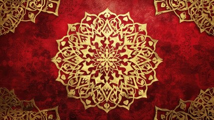 Leinwandbilder - intricate Islamic geometric pattern in radiant gold on a rich crimson background.