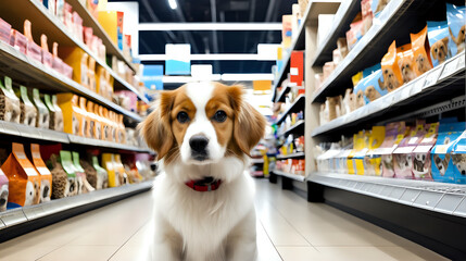 Wall Mural - Pet shop, dog in store, animal accessories, happy dog in pet supermarket