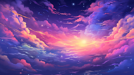 Sticker - Cartoon illustration of beautiful colorful clouds in the night sky
