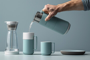 Male hand pouring water into filter coffee, coffee drip, hot coffee mug. AI Generated