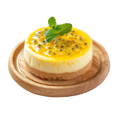 Wall Mural - front view of  passion fruit cheesecake on a wooden tray isolated on a white transparent background