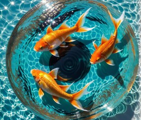 Surreal, Top view, there are two golden fish made of foil on the sparkling white water, (( Yin and Yang  Poses)) Find Balance an
