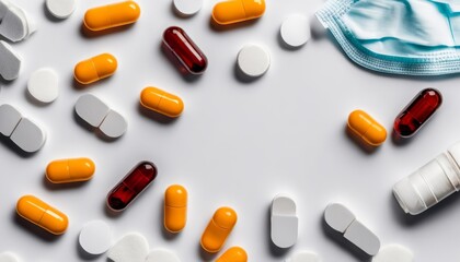 Wall Mural -  A variety of colorful pills and capsules on a white background