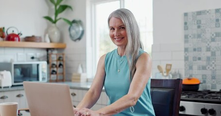 Wall Mural - Laptop, face and mature woman in kitchen for research online with freelance creative project. Technology, portrait and senior female freelancer designer typing email on computer at modern apartment.