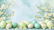 Group of pastel colored green and blue Easter eggs and blossoming twigs on a watercolor background. Happy Easter banner with copy space