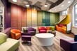 The waiting area of a color therapy clinic presents a modern design with comfortable seating and a vibrant, color-blocked feature wal