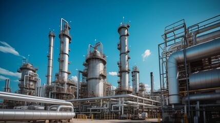 Large chemical plant with towering structures and intricate pipelines.