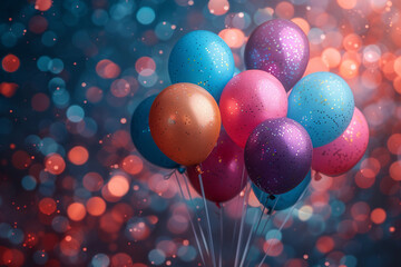 birthday party balloons, colourful balloons background and birthday cake with candles	