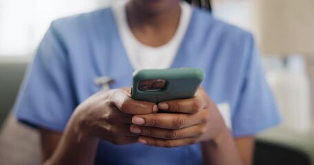 Canvas Print - Nurse, internet and smartphone for typing in nursing home, connectivity and browse on social media. Woman, hands and mobile phone for healthcare, medical and wellness app for online research at work