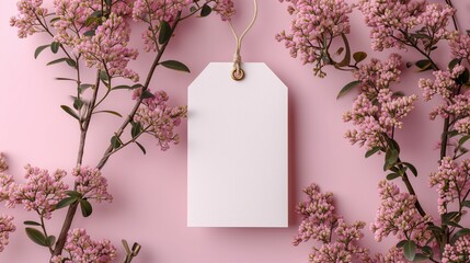 Wall Mural - white cardboard Price tag or label with a tiny pink flower and a lanyard isolated on a pastel pink background. Flat lay, top view, copy space