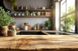 Wood tabletop on blur kitchen counter background for product display