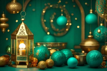 metallic golden lantern and teal and gold decoration balls