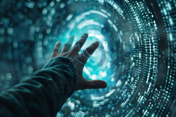Wall Mural - A person 's hand is reaching out towards a futuristic screen