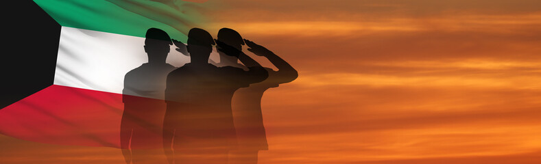 Poster - Silhouette Of A Soldier Saluting Against the flag of Kuwait. Concept of national Muslim holidays. Liberation Day, National Day. 3d illustration